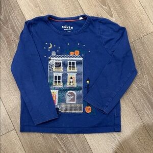 Mini Boden Blue Long Sleeve Tee with Halloween House Design